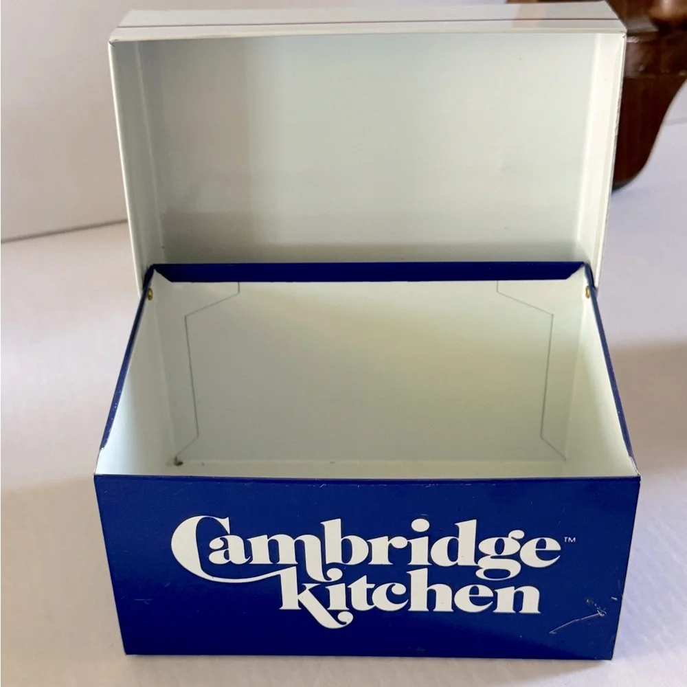 Vintage Blue and White Metal Recipe Box Cambridge Kitchen Graphic Cottagecore